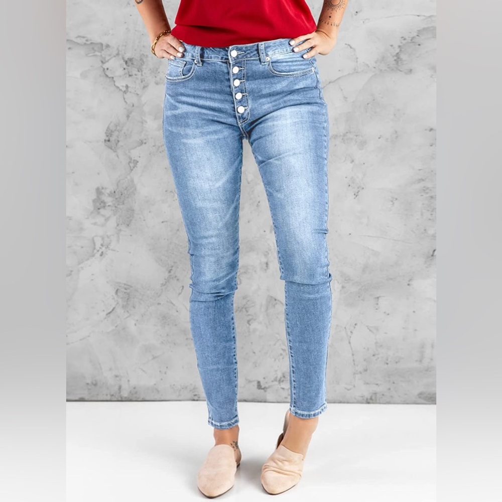 Womens High Rise Distressed Ripped Button Fly Skinny Denim Jeans, Sky Blue,12